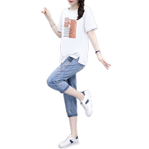 Plus size womens summer wear fat mm loose casual suit complete set with jeans slimming pure cotton and fashionable two pieces
