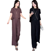 Ice silk fashion suit for women 2024 summer new style loose-fitting belly-covering short-sleeved wide-leg pants for age reduction two-piece set