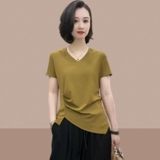 Летняя хлопковая футболка с коротким рукавом, V-образный вырез, по фигуре