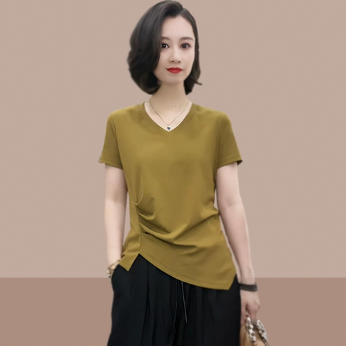 Летняя хлопковая футболка с коротким рукавом, V-образный вырез, по фигуре