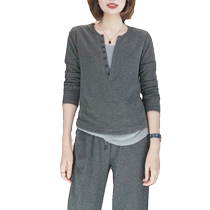 Gray fashion suit for women spring and autumn casual fake two-piece long-sleeved tops elastic waist wide-leg pants floor-length pants two-piece set