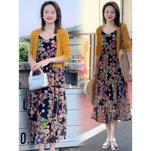 Летнее универсальное легкое и тонкое платье-комбинация, комплект, цветочный принт