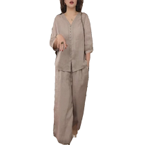 Cotton and linen suit womens 2024 new summer fashion casual mothers top wide-leg pants loose and slim two-piece set