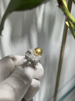 Super heavy duty bow ribbon ring, perfect round, flawless 10.0mm rich gold south sea gold beads, 18k natural diamonds