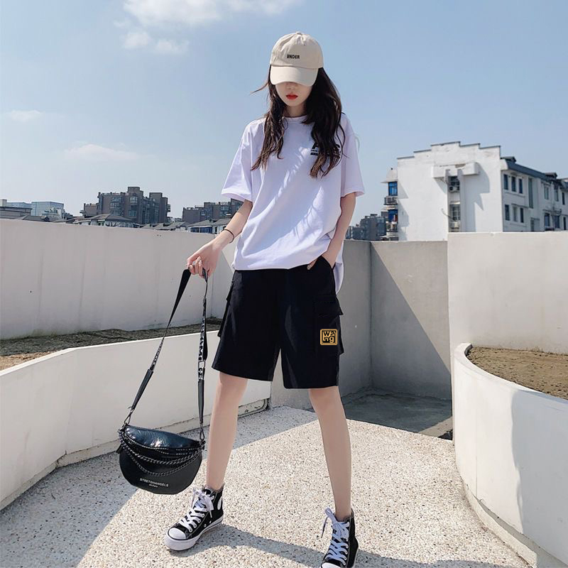Black Work Shorts for Women, Summer Thin High-Waisted Slimming Casual Wide-Leg Pants, Petite Sporty American-Style Knee-Length Shorts