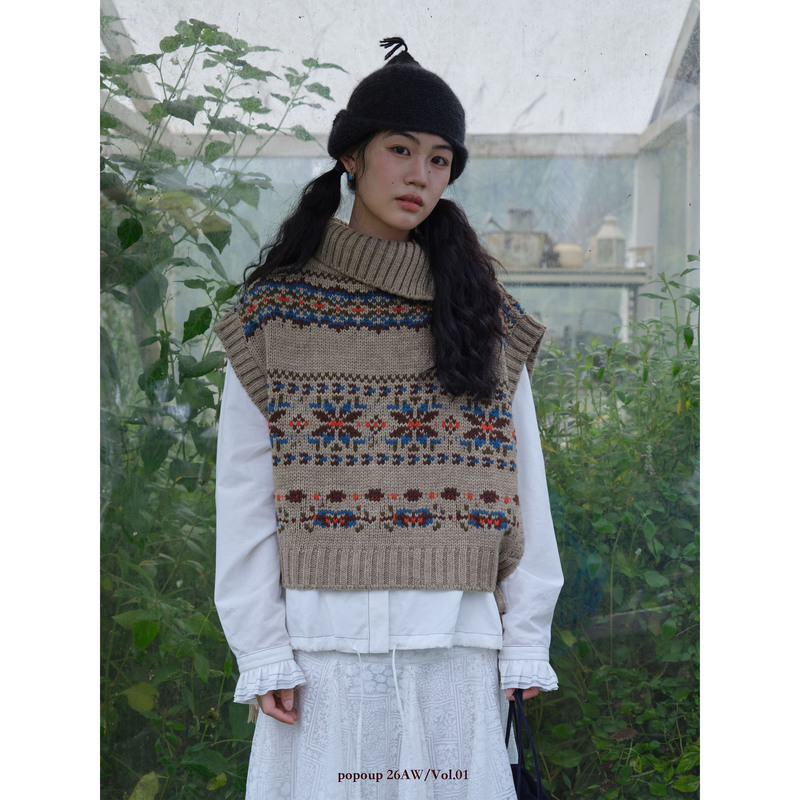 Popoup26Aw “Elk by the Fireplace” Fair Isle Jacquard Sleeveless Sweater Vest