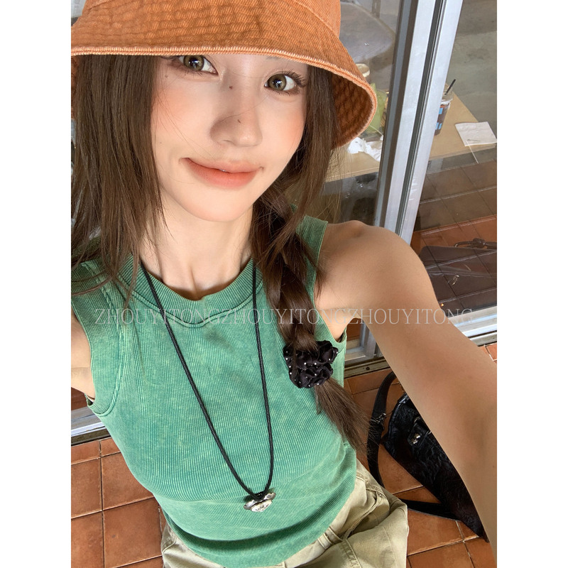 【Colorful Vintage Dye】Zhou Yitong Green Camisole for Women, Summer Design, Unique Sleeveless Outerwear Top 【Colorful Vintage Dye】Zhou Yitong Green Camisole for Women, Summer Design, Unique Sleeveless Outerwear Top