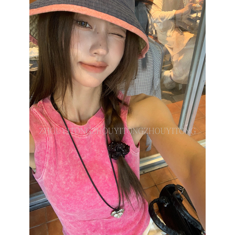 【Old Dyeing Technique】Zhou Yitong Pink Camisole for Women, Summer Design, Niche Sleeveless Outerwear Top 【Old Dyeing Technique】Zhou Yitong Pink Camisole for Women, Summer Design, Niche Sleeveless Outerwear Top
