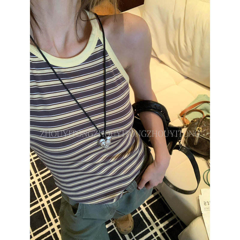 【Sea Salt Bubble】Zhou Yitong's New Summer Design, Unique Color-Blocked Striped Camisole with Cut-Out Shoulders