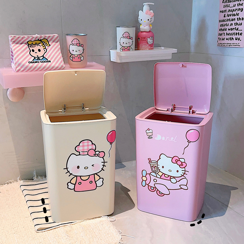 Cute Cat Household Floor-Standing Trash Can with Press-Open Lid, Large Capacity Kitchen Waste Bin, Wastepaper Basket, Cartoon Design with Lid
