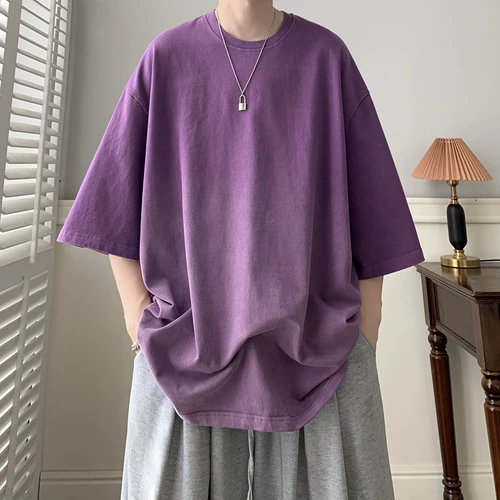 Ретро хлопковая летняя футболка с коротким рукавом, градиент, оверсайз, круглый воротник, в американском стиле