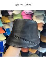 Sandwich ORIGINAL AUTUMN WINTER NEW PU LEATHER SPLICING DESIGN BLACK BUCKET CAP WOMAN HAN VERSION WITH SMALL PELVIC HAT