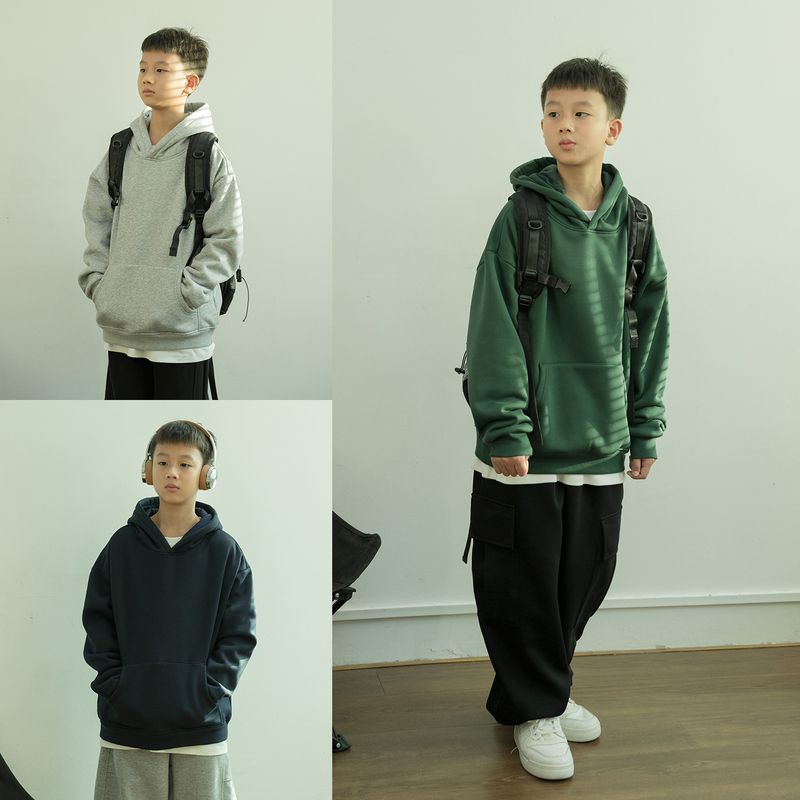 Teenagers' Fleece Sweatshirt 2025 Winter New Style Medium and Large Children's Solid Color Warm Hoodie Boys' Thick Pullover