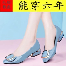 Net Red Dragonfly Soft Leather Shallow Mouth Single Shoe Woman 2022 New 100 Hitch Womens Shoes Coarse Low Heel Soft Bottom Non-slip Mom Shoes