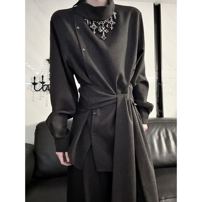 Aont Original Design Deconstructed Asymmetrical Placket Shirt for Women, Unisex Style, Slimming Long-Sleeve Tie-Waist Top for Autumn and Winter Aont Original Design Deconstructed Asymmetrical Placket Shirt for Women, Unisex Style, Slimming Long-Sleeve Tie-Waist Top for Autumn and Winter