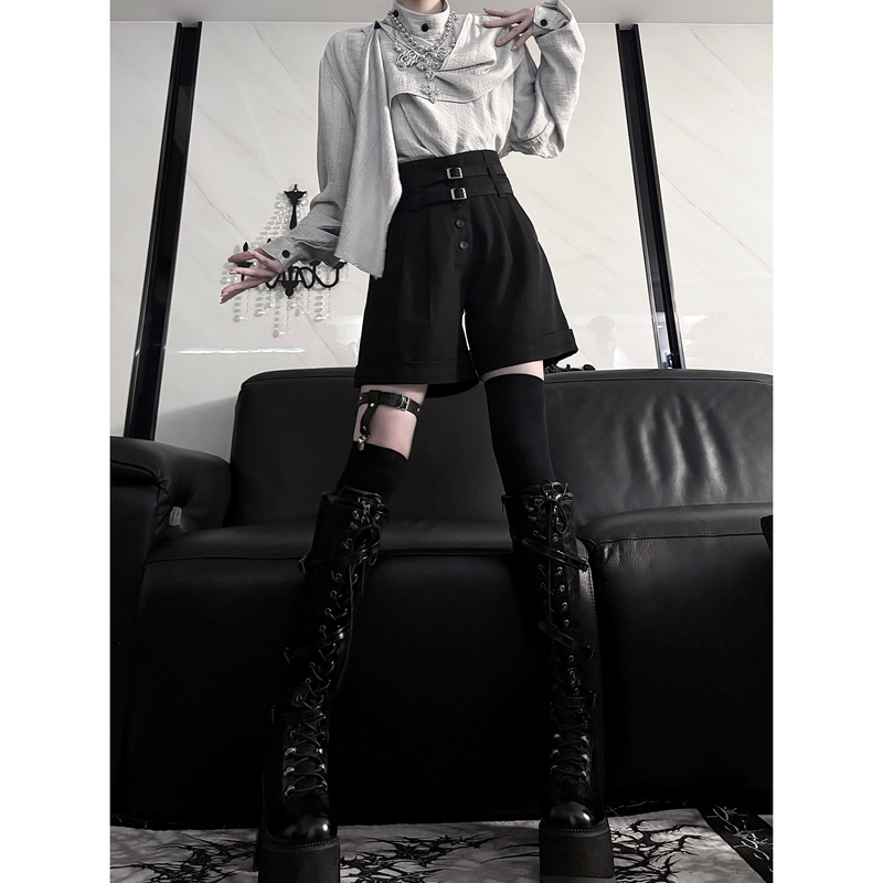 Aont Original Double Belt Design Mid-Waist Biker Shorts with Drape, Casual Commuting Summer A-Line Pants, Dress Pants for Men and Women