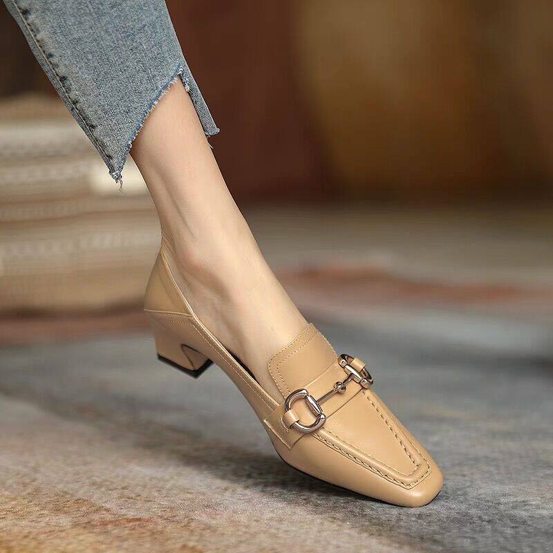 Givenivan genuine leather metal buckle single shoe woman new 100 hitch a foot pedal display slim height heel shoe heel 5cm
