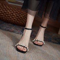 Givenivan self-kept closed eye entry ~ fairy wind high heel sandal women Summer pearl with thick heel 4 7cm