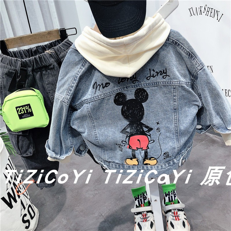 Детская куртка Жан 儿童牛仔外套卡通印花2021春秋新款宽松洋气小童宝宝秋装网红上衣 Tagkita