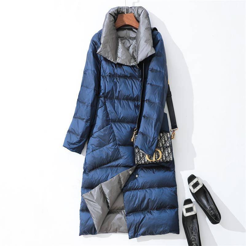 Anti-season double-sided wear light long down jacket women 2021 new mid-length knee explosive double-sided wear thin models