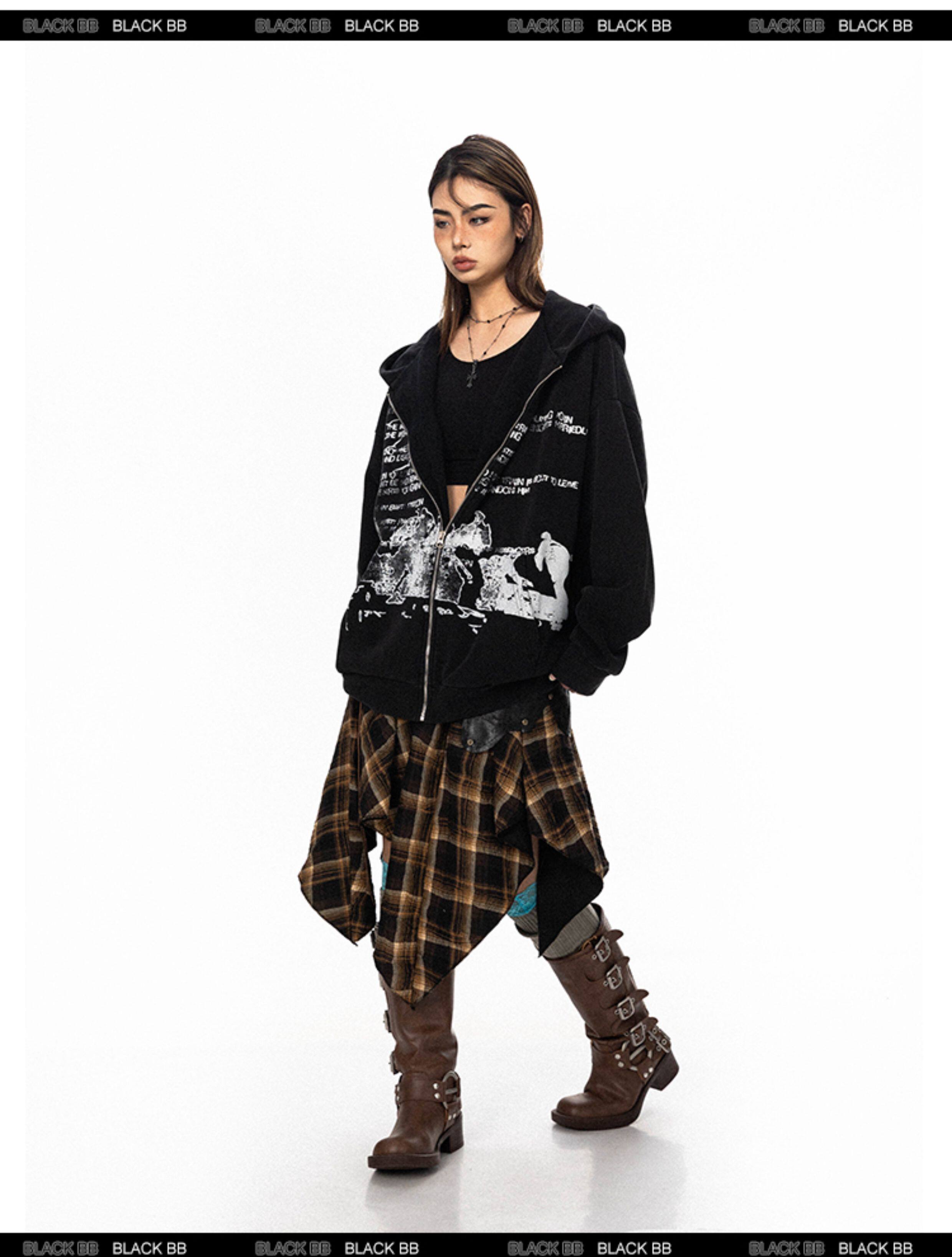 BLACKBB винтажная толстовка с капюшоном на молнии с принтом букв унисекс свободная весна-осень