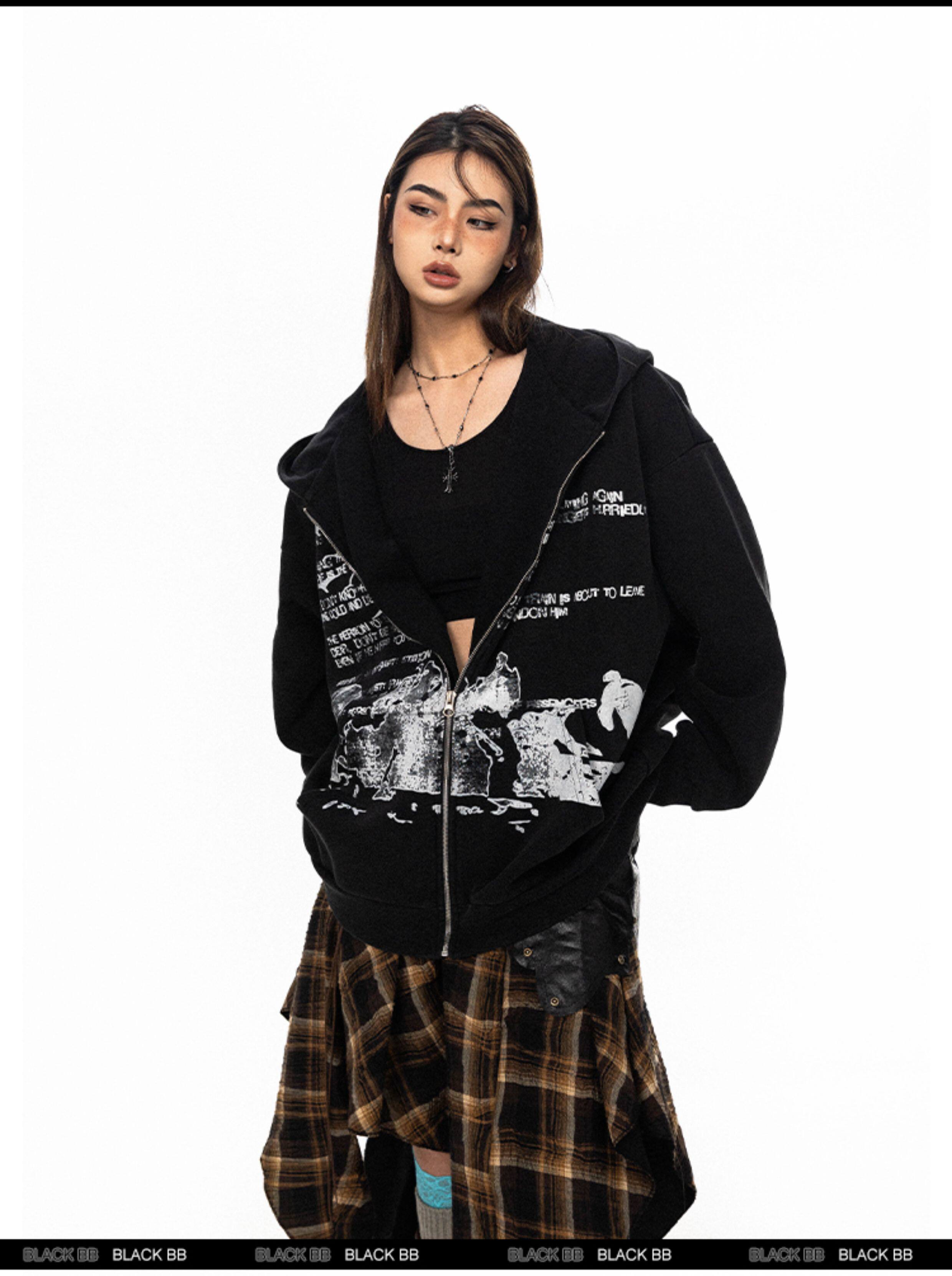 BLACKBB винтажная толстовка с капюшоном на молнии с принтом букв унисекс свободная весна-осень