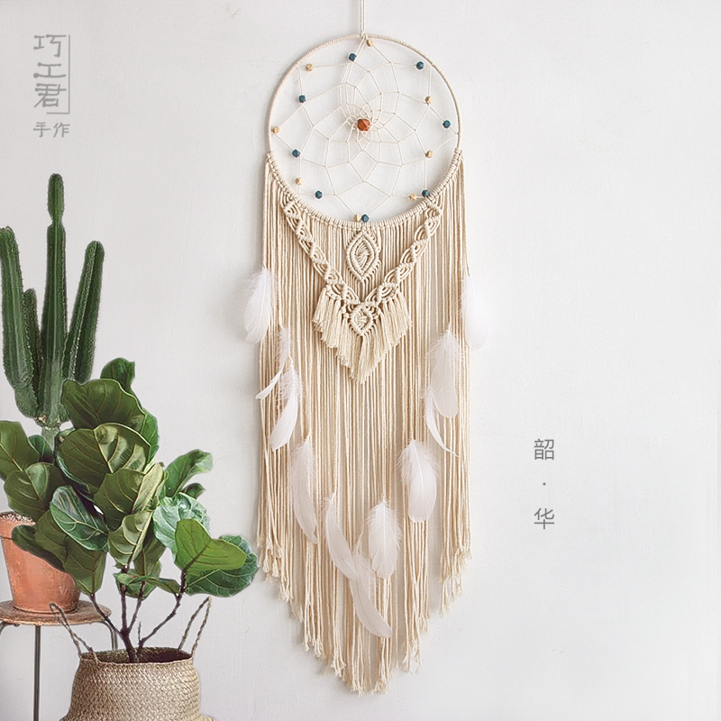 Nordic dream catcher diy wind chimes gift woven hanging cotton rope material bag feather pendant bedroom decoration