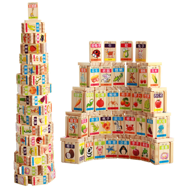 100 pieces of fruit animal domino dominoes children early education Puzzle Wooden Building Blocks Chinese Characters Learning Cognitive Toys