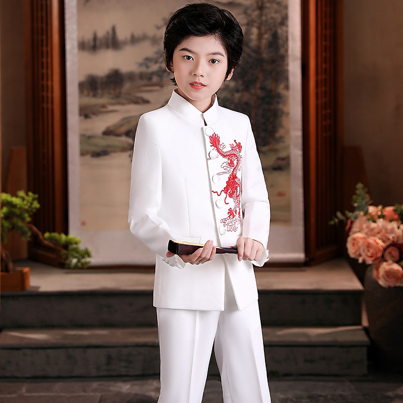 Children's model catwalk show costume boy tunic suit three-piece set Chinese style National Day host small suit