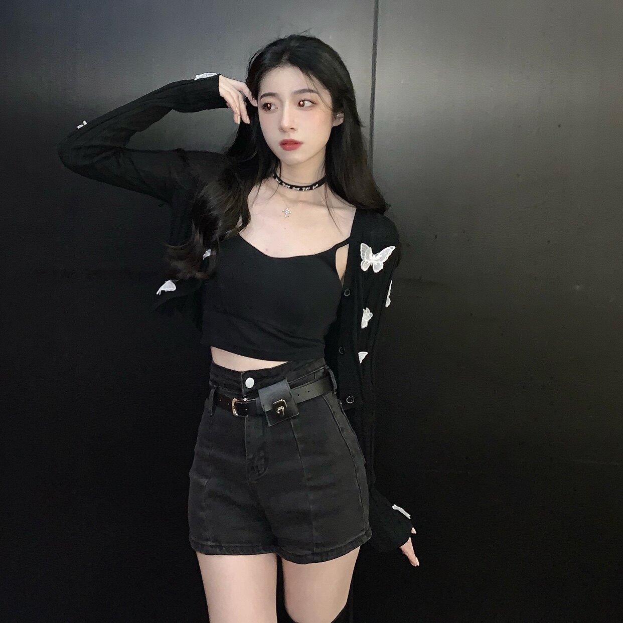 SIMONA 22 Summer New Sweet Girl Cool Black High Waist Jean Shorts with a thin leg long belt