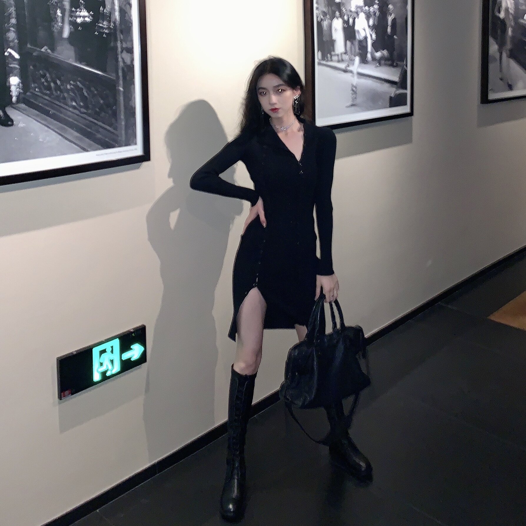 SIMONA22 autumn thin into lightning design double-breasted button slim black knitted sweater dress