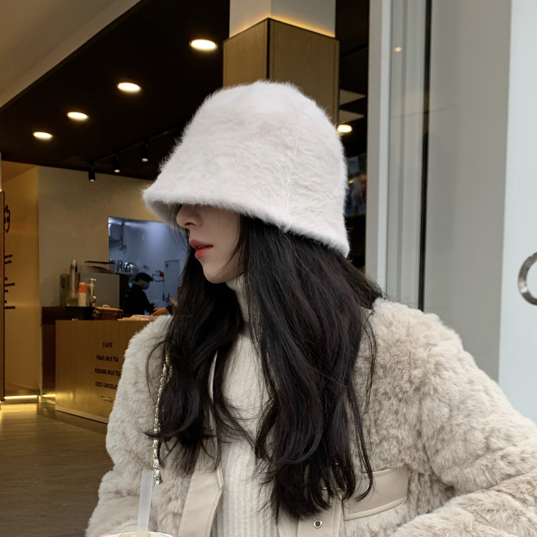 SIMONA 20 winter new gentle white rabbit bucket cap fisherman's hat warm and soft face