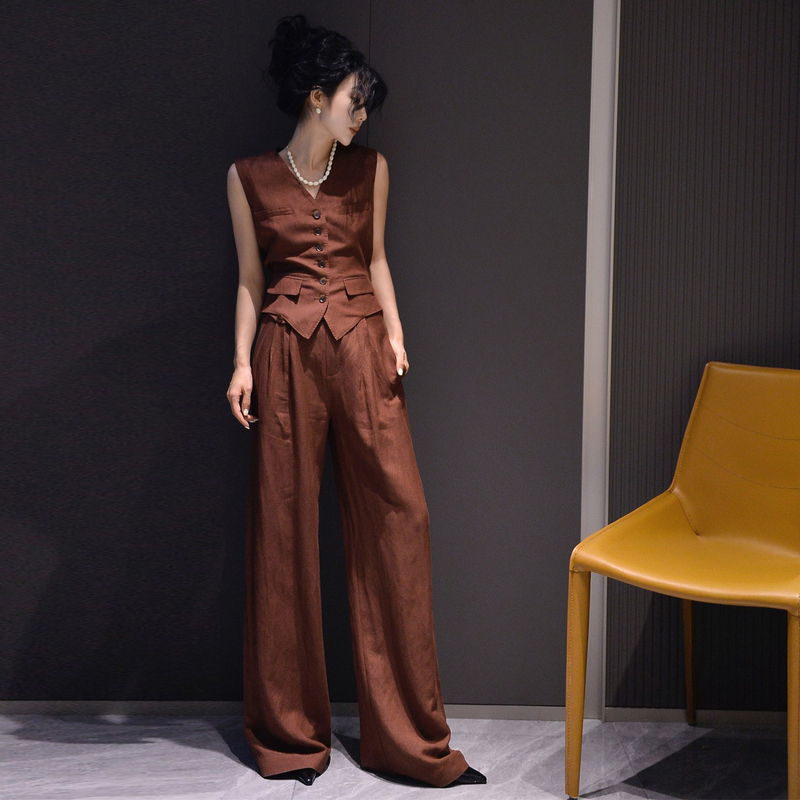 Zeroyk Summer Old Money Style Fashion Suit High-End Natural Linen Vest Wide-Leg Pants Commuter Two-Piece Set Zeroyk Summer Old Money Style Fashion Suit High-End Natural Linen Vest Wide-Leg Pants Commuter Two-Piece Set