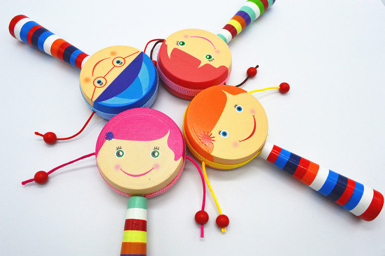 Child Sheep Leather Cartoon Dial Wave Wooden Hand Rattle Wooden Hand Bell Baby early to teach Puzzle Baby Toy 0-1 years old