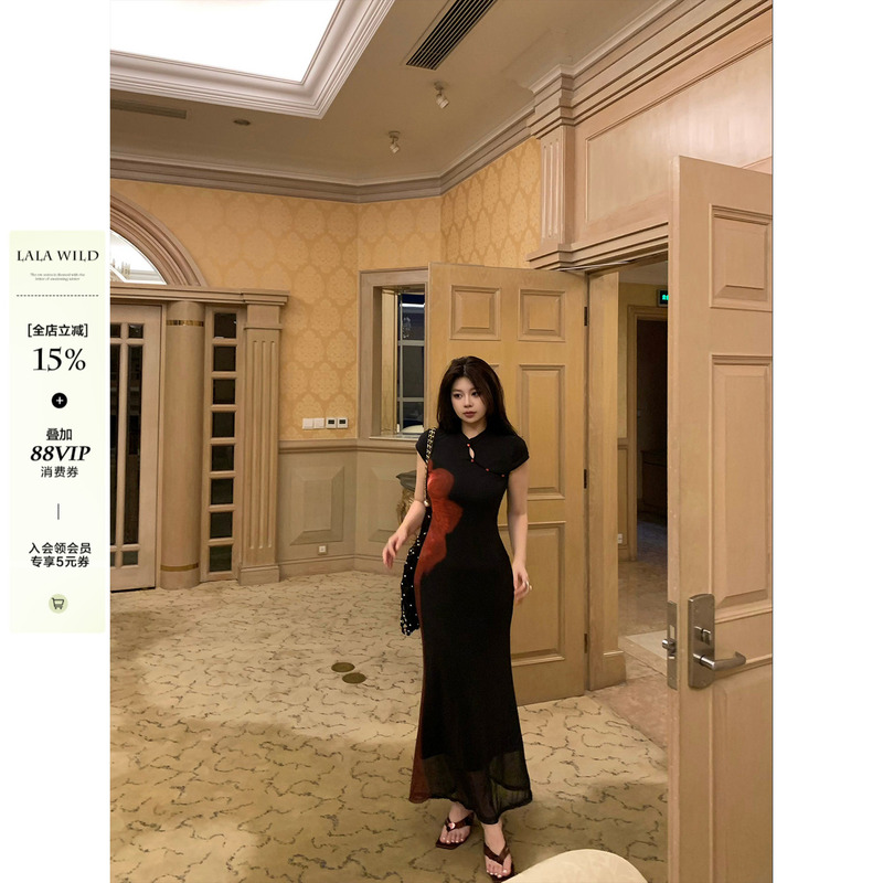 Wild and Spicy, Slightly Chubby Women's Retro Print Dress, Feminine Bodycon Long Dress, Cheongsam, Plus Size Dress