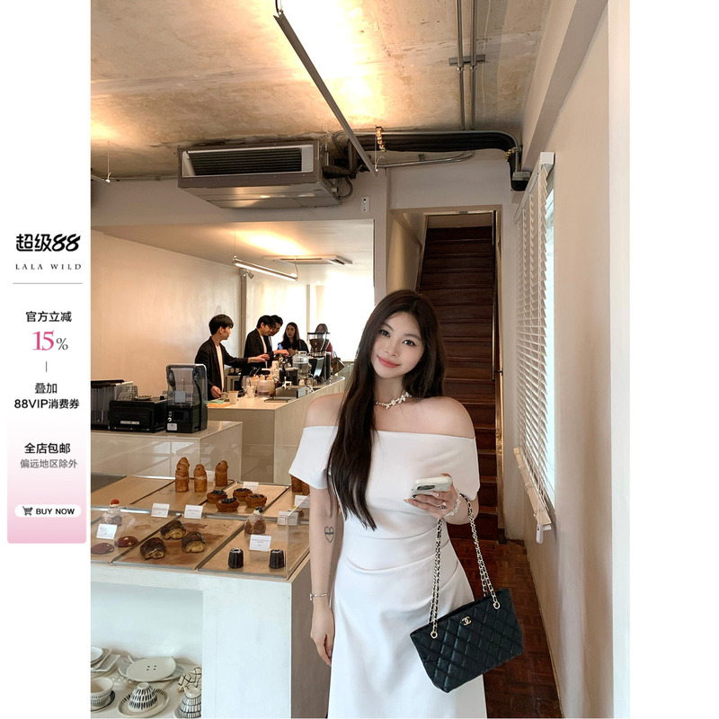 Wild and Spicy Slightly Chubby Girl Irregular Off-Shoulder Dress 2026 New Style Off-Shoulder Elegant Waist-Cinching Long Dress Wild and Spicy Slightly Chubby Girl Irregular Off-Shoulder Dress 2026 New Style Off-Shoulder Elegant Waist-Cinching Long Dress