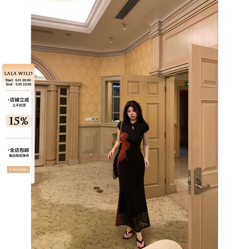 Wild and Spicy, Slightly Chubby Women's Retro Print Dress, Feminine Bodycon Long Dress, Cheongsam, Plus Size Dress