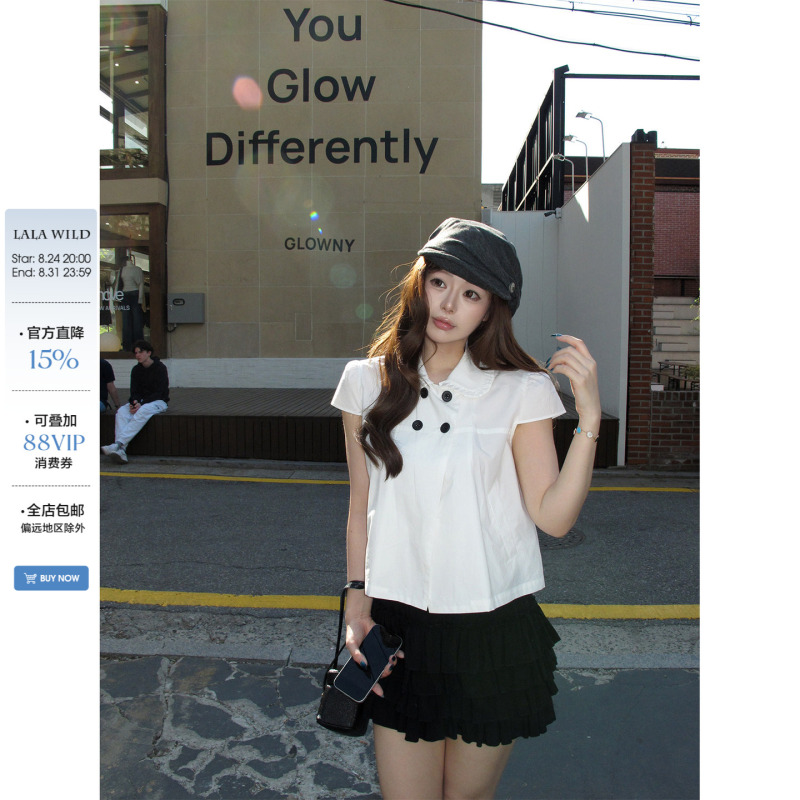 Wild and Spicy, Simple and Elegant, Slightly Chubby Women's Lyocell Doll Collar Shirt, Summer Double-Breasted Short-Sleeve Top