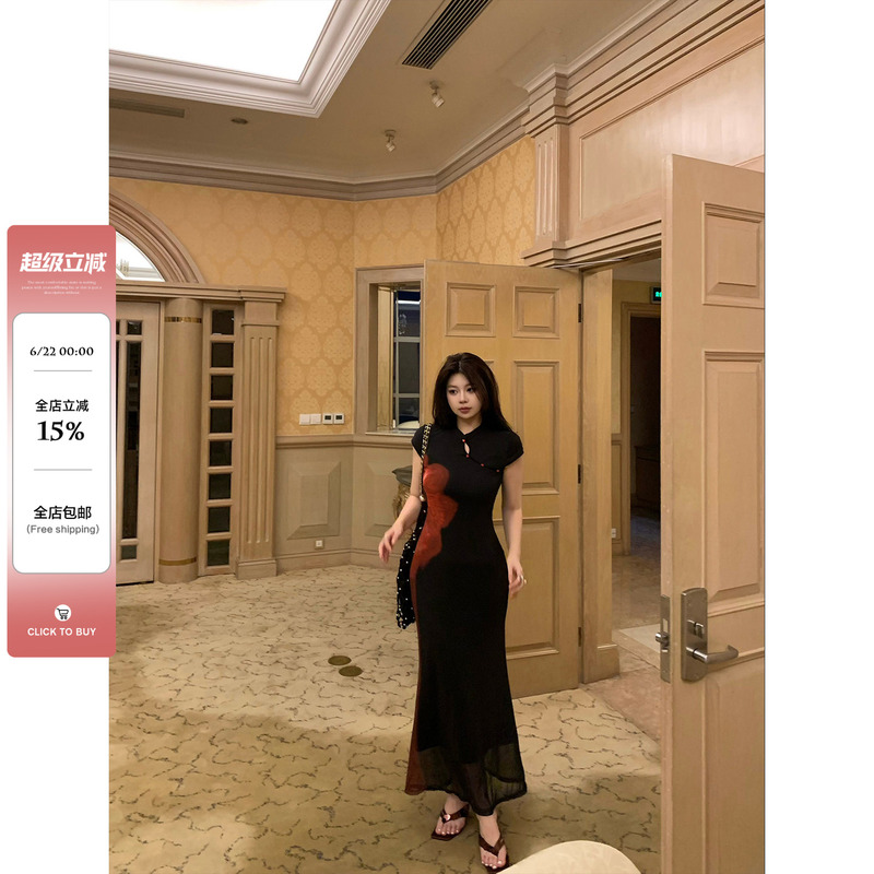 Wild and Spicy, Slightly Chubby Women's Retro Print Dress, Feminine Bodycon Long Dress, Cheongsam, Plus Size Dress Wild and Spicy, Slightly Chubby Women's Retro Print Dress, Feminine Bodycon Long Dress, Cheongsam, Plus Size Dress