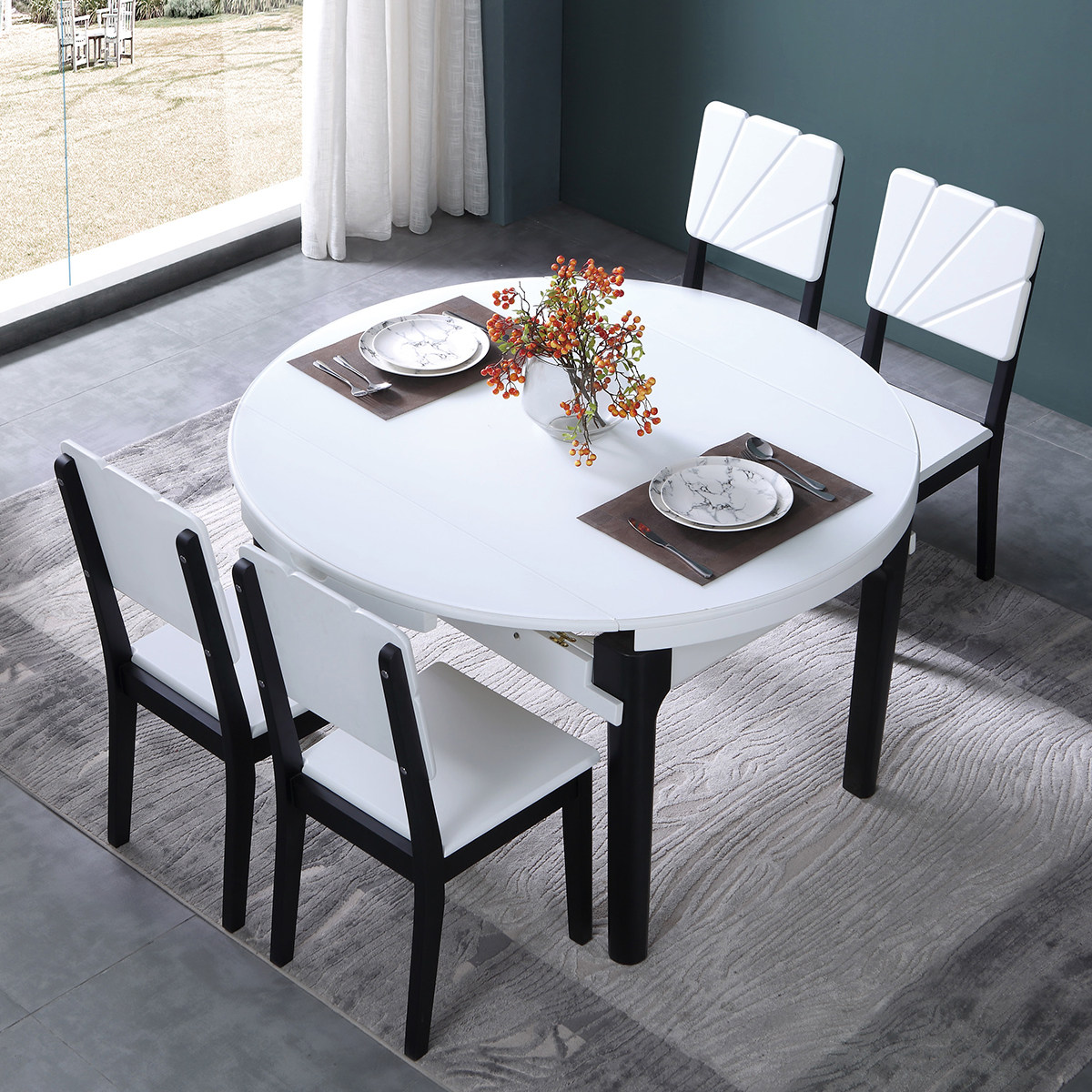 Modern minimalist solid wood dining table and chairs combined dining room dining table telescopic deformation 1 3 m Round table square table Dual-purpose