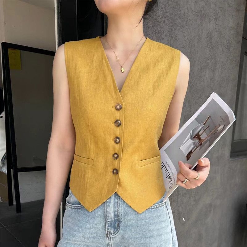 High-Quality French-Style Yellow Suit Single-Breasted Vest for Women, 2026 Summer New Model, Waist-Cinching, Slimming, Age-Reducing Vest