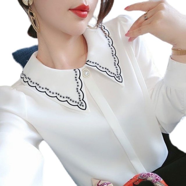 Original single-line big-name clearance long-sleeved chiffon shirt spring and autumn temperament all-match fashion bottoming shirt doll collar top