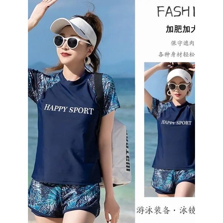 New Fashionable Women's Printed Swimwear, Large Size Split Boxer Briefs, Conservative Short-Sleeved Cover-Up