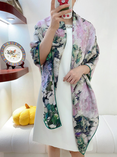 Camellia Purple Pink Fresh and Beautiful Double-Sided Two-Tone Silk Wool Large Square Scarf Velvet Shawl for Women