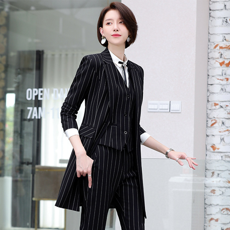 Career Suit Women Autumn Winter Famous Yuanyuan Small Fragrant Wind Sample House Display Center Workwear Women High End Middle And Long Version Striped Suit Positive Dress