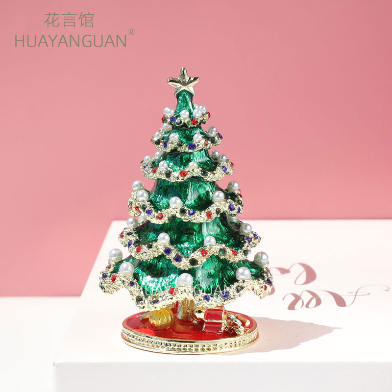 Retro Christmas Tree Jewelry Box, Cute Jar Ornaments, Decorative Birthday Gifts, Creative Enamel Small Ornaments with Diamonds