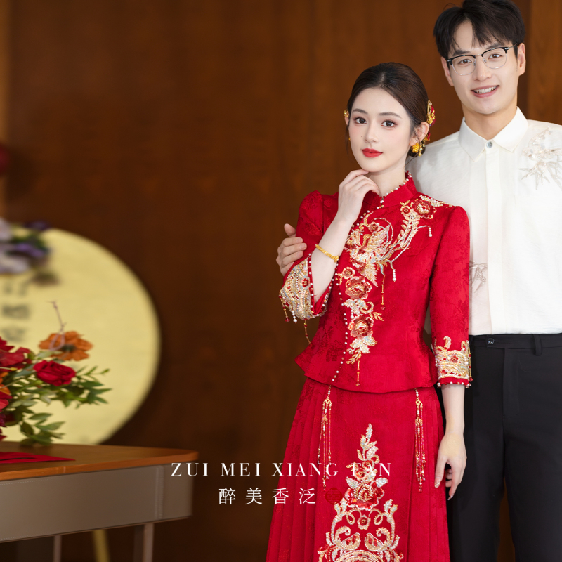 New Chinese-Style Red Engagement Dress with Three-Quarter Sleeves, Wedding Bride's Toast Dress, Xiuhe Suit, 2026 New Style Set