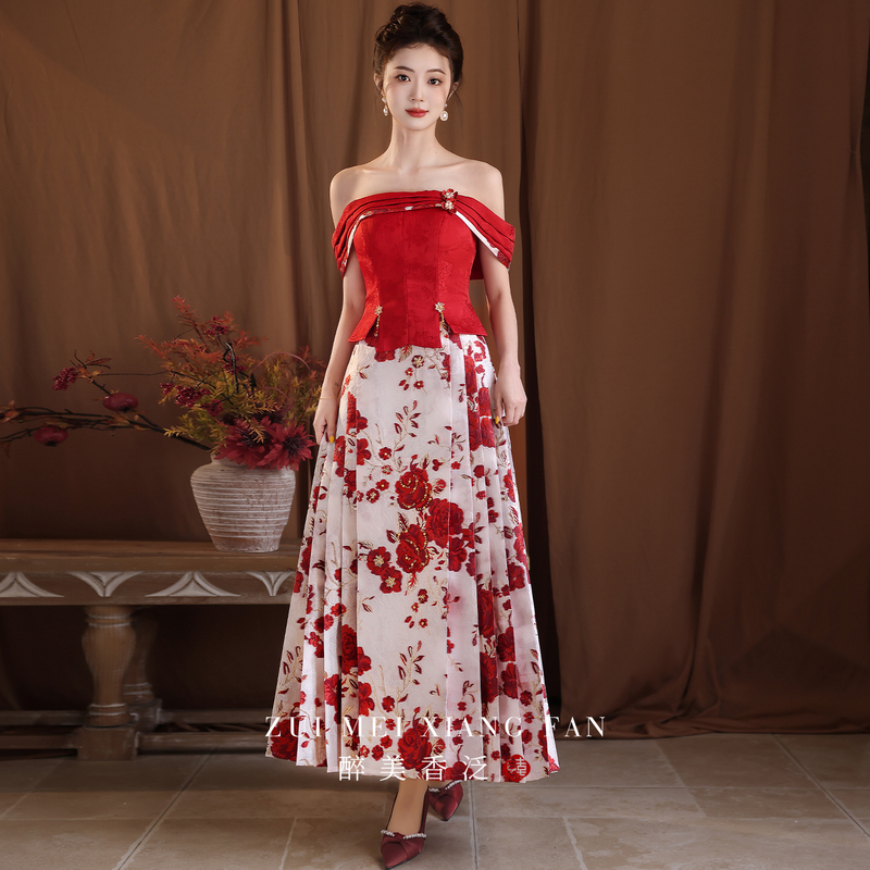 New Chinese-Style Engagement Dress with Mamian Skirt Set, 2026 New Model Wedding Dress, Toast Dress, Daily Banquet Dress