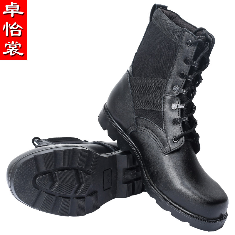 Summer black security combat training shoes high leather boots autumn and winter thickening and velvet wear-resistant security training shoes canvas rubber shoes