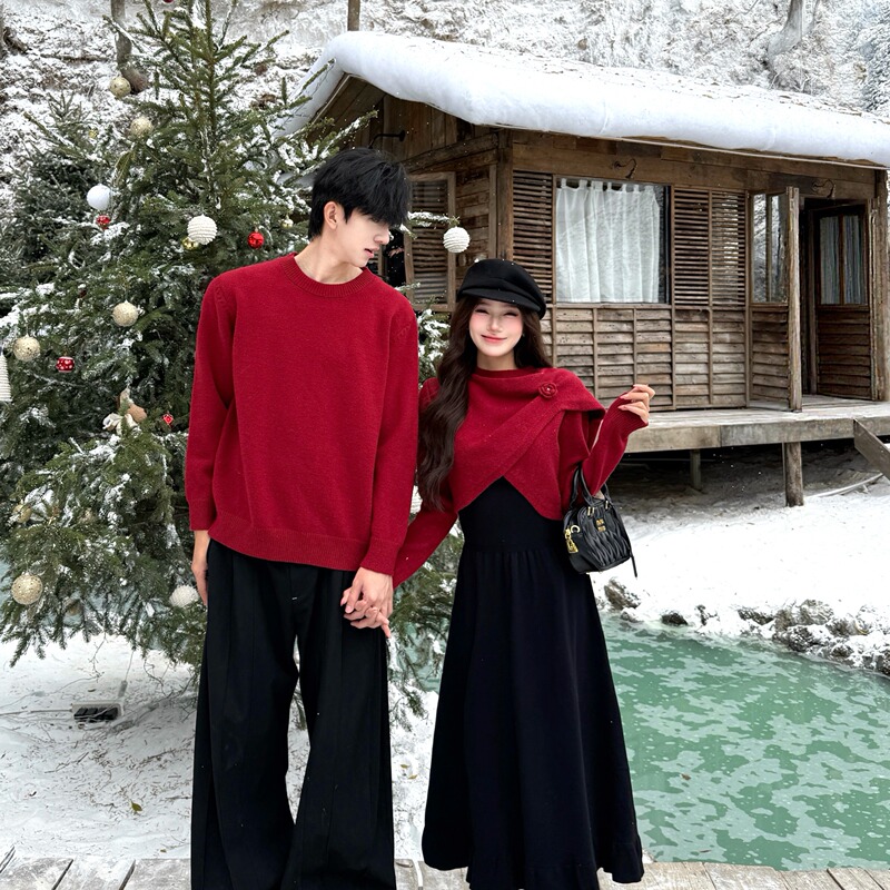 Couple's New Year Red Engagement Outfit Set, One Skirt and One Shirt, Christmas Women's Autumn and Winter Dress, Long Dress